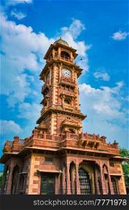 Clock tower Ghanta Ghar local landmark in blue sky. Jodhpur, Rajasthan, India. Clock tower Ghanta Ghar local landmark in Jodhpur, Rajasthan, India