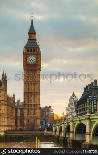 Clock tower in London at sunset