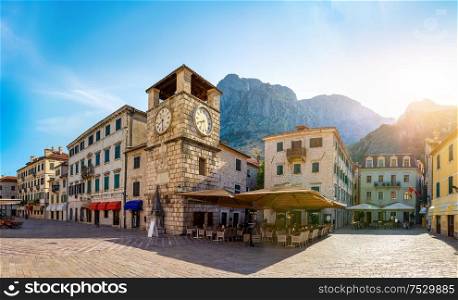 Clock Tower inside the old town of Kotor in Montenegro. Clock Tower in Kotor