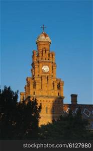 Clock tower made from brown bricks of Chernivtsi State Univercity, Ukraine