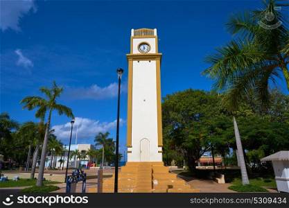 Clock tower on Plaza Punta Langosta in Cozumel Island of Mexico