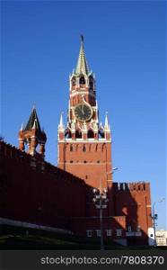 Clock tower Spasskaya Bashnya in Kremlin, Moscow, Russia