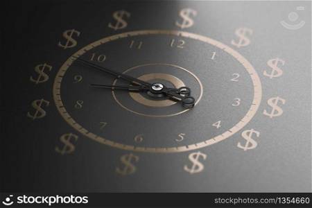 Clock with golden numbers and dollar symbols over black background. Time is money concept. 3D illustration.. Time is Money Metaphor Concept