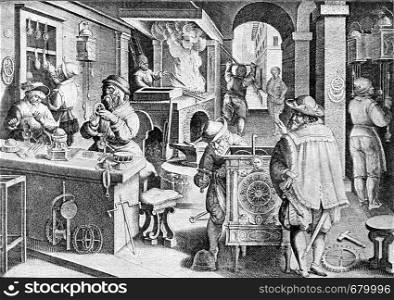 Clock workshop in the sixteenth century, vintage engraved illustration. From the Universe and Humanity, 1910.