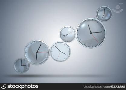 Clocks arranged in sequence - 3d rendering
