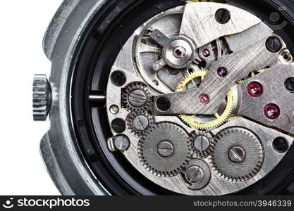 Clockwork of wristwatch isolated over white background
