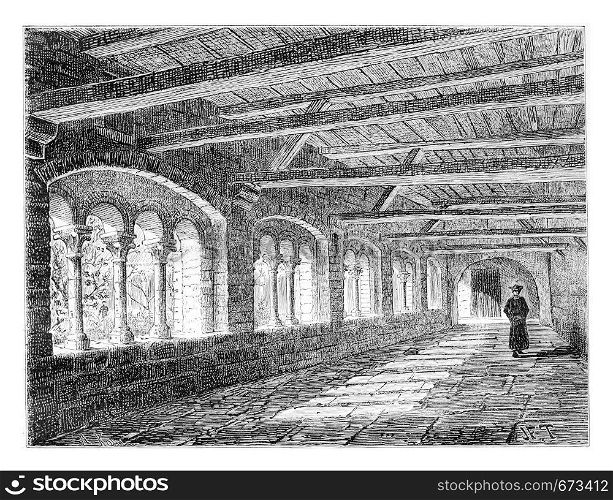 Cloister of the Nivelles Monastery in Nivelles, Belgium, drawing by Taelemans, vintage illustration. Le Tour du Monde, Travel Journal, 1881