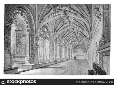 Cloister of the Santa Maria de Belem Monastery in Lisbon, Portugal, drawing by Therond based on a photograph, vintage engraved illustration. Le Tour du Monde, Travel Journal, 1881