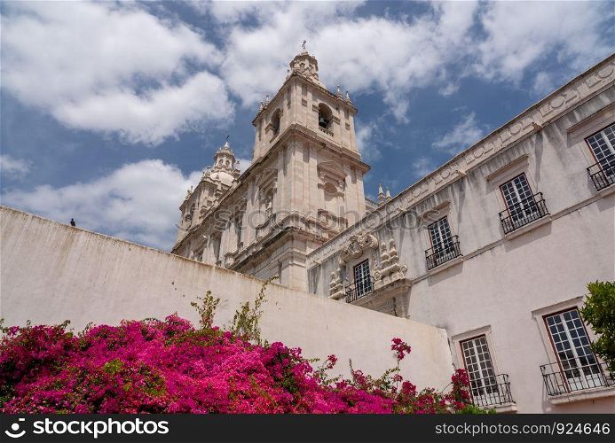 Cloisters and flowering trees in courtyard of Sao Vicente de Fora church in Alfama district. Cloisters of Sao Vicente de Fora church in Alfama district of Lisbon