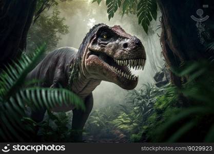 Close big Tyrannosaurus rex in the jungle, digital illustration painting, Generative AI