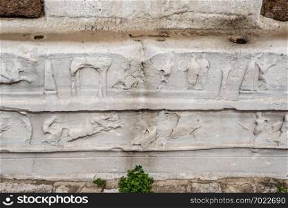 Close detailed view of Obelisk of Theodosius or Egyptian Obelisk in ancient Hippodrome near Sultanahmet,Blue Mosque in Istanbul, Turkey. Obelisk of Theodosius or Egyptian Obelisk in Istanbul