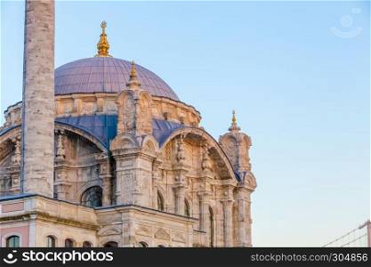Close detailed view of Ortakoy Mosque near bosphorus in Istanbul,Turkey.. Exterior view of Ortakoy Mosque near bosphorus