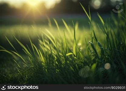 Close fresh grass background with sunlight, digital illustration painting, Generative AI