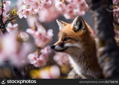 Close look of baby fox under cherry blossom tree. distinct generative AI image.. Close look of baby fox under cherry blossom tree