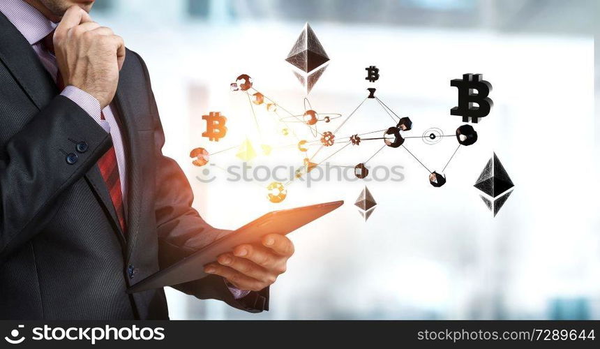 Close of businessman using tablet pc and bitcoin icons as concept. 3D rendering. Crypto currency exchange. Mixed media