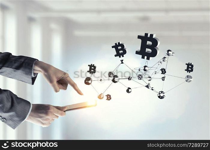 Close of businesswoman using tablet pc and bitcoin icons as concept. 3D rendering. Crypto currency exchange. Mixed media