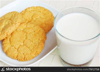 Close-of cookies and glass with milk. Milk and cookies