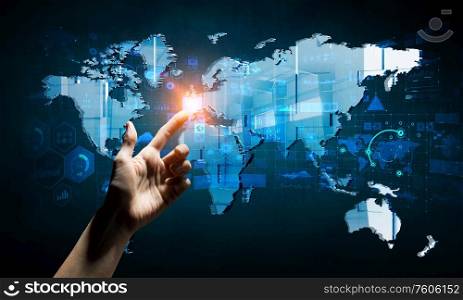 Close of male hand touching with finger media map. 3d rendering. Global communication and networking