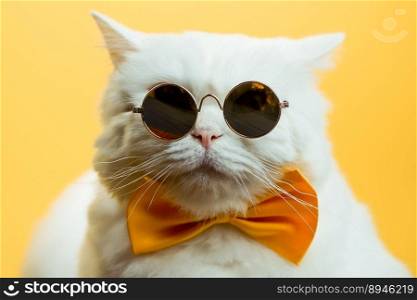 Close portrait of white furry cat in fashion sunglasses. Luxurious domestic kitty in glasses poses on yellow wall background. High quality. portrait of white furry cat in sunglasses. Luxurious domestic kitty in glasses