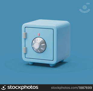 Close Safe box front view on blue pastel background with soft shadows. Simple 3d render illustration. Trendy concept. Close Safe box front view on blue pastel background with soft shadows. Simple 3d render illustration.