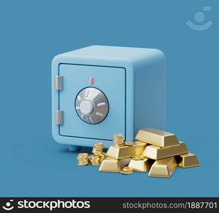 Close Safe box with treasure outside front view on blue pastel background with soft shadows. Simple 3d render illustration. Trendy concept. Close Safe box with treasure outside front view on blue pastel background with soft shadows. Simple 3d render illustration.