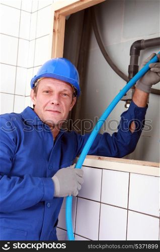 close shot of plumber