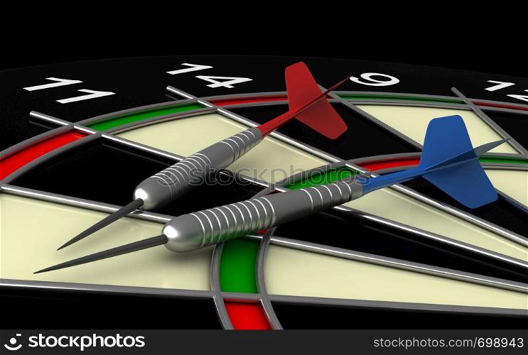 close up 3d render of darts and board