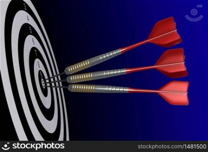 Close up 3d render of darts and target
