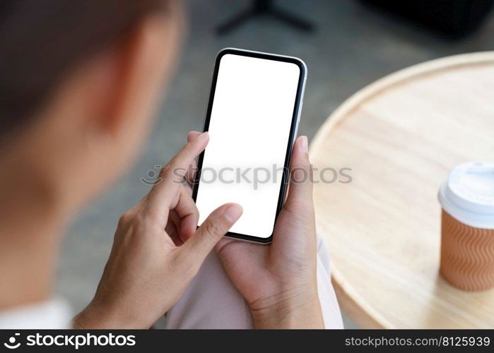 close-up a woman holding and touch smartphone blank screen