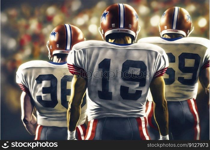 Close-up american football team boys in sport stadium. Concept of teamwork at stadium. Finest generative AI.. Close-up american football team boys in sport stadium.
