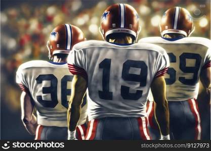 Close-up american football team boys in sport stadium. Concept of teamwork at stadium. Finest generative AI.. Close-up american football team boys in sport stadium.