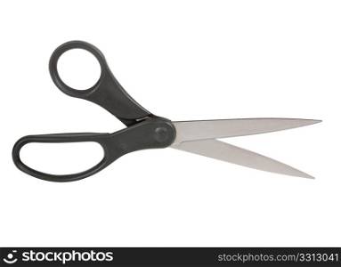 Close up and isolated shot of modern sharp scissors against white