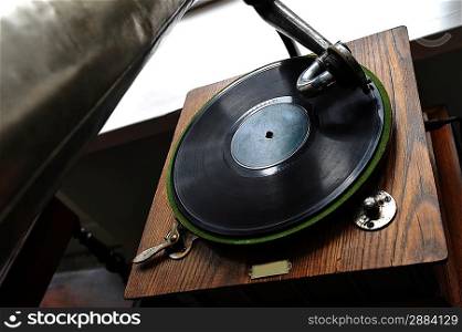 Close up at vintage gramophone. playing old song
