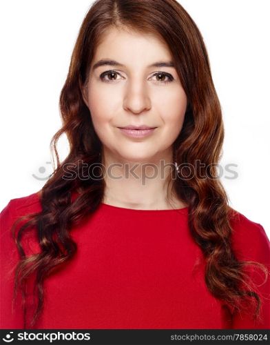 Close up, attractive young adult woman wearing red dress and she looking at camera - white background