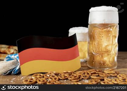 close up bavarian beer with german flag