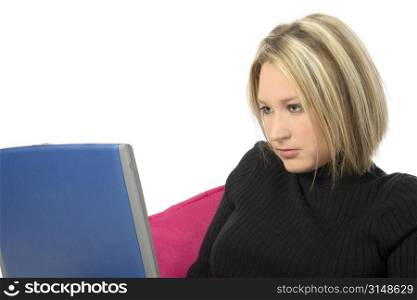 Close up beautiful blonde young woman with laptop computer. Shot in studio over white.