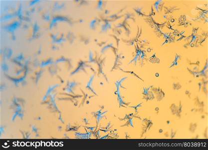 close-up beautiful frosty patterns on a transparent glass