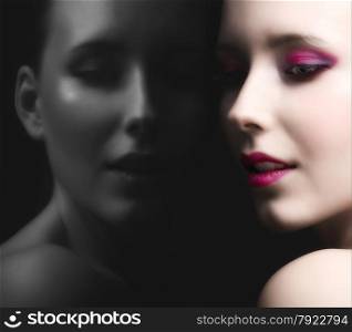 Close-up, beautiful woman face and reflection, perfect makeup, beauty and fashion