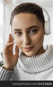 close up beautiful woman with headphones
