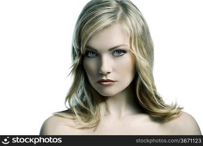 close up beauty portrait of a young and cute blond woman with hair style over white