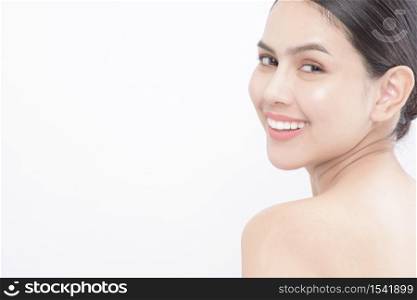 Close up beauty portrait of a young smiling woman isolated over white background studio