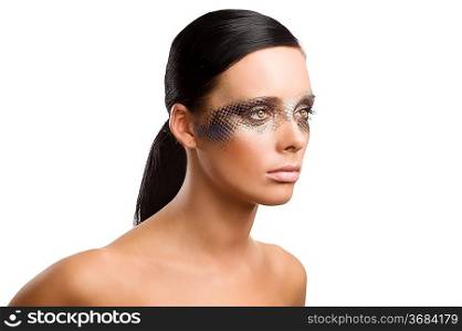 close up beauty portrait of beautiful brunette girl with creative make up on face