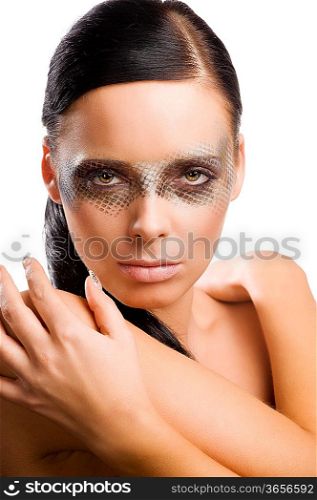 close up beauty portrait of beautiful brunette girl with net faceart over white