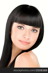 close-up beauty portrait of young caucasian woman with perfect haircut