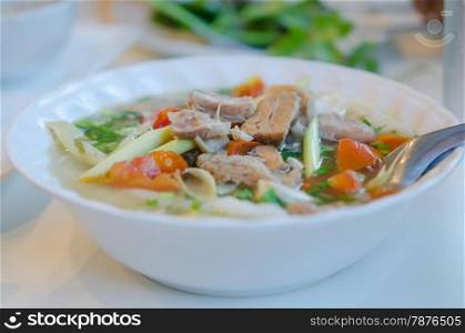 close up beef soup noodles , Vietnamese noodles
