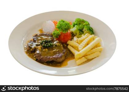close up beef steak with green peppercorn sauce on white background. beef steak
