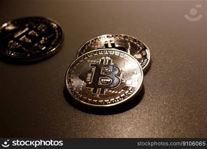 Close up bitcoins on table and reflection of light