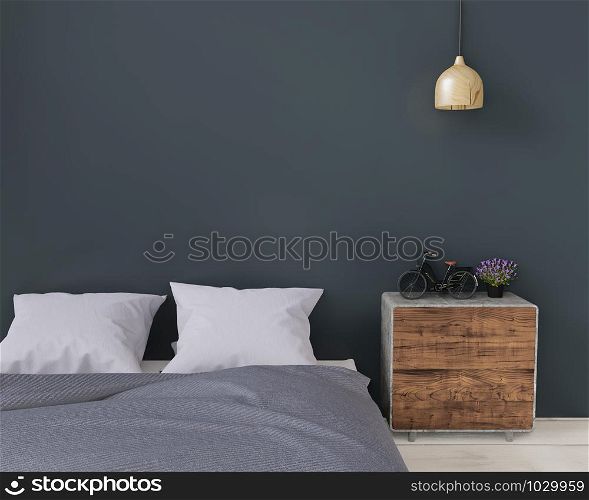 close up black and dark green modern bedroom with sideboard and lamp, mock up, copy space , 3d rendering