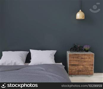 close up black and dark green modern bedroom with sideboard and lamp, mock up, copy space , 3d rendering