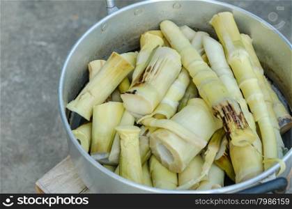 close up boiled bamboo shoots in big pot. boiled bamboo shoots